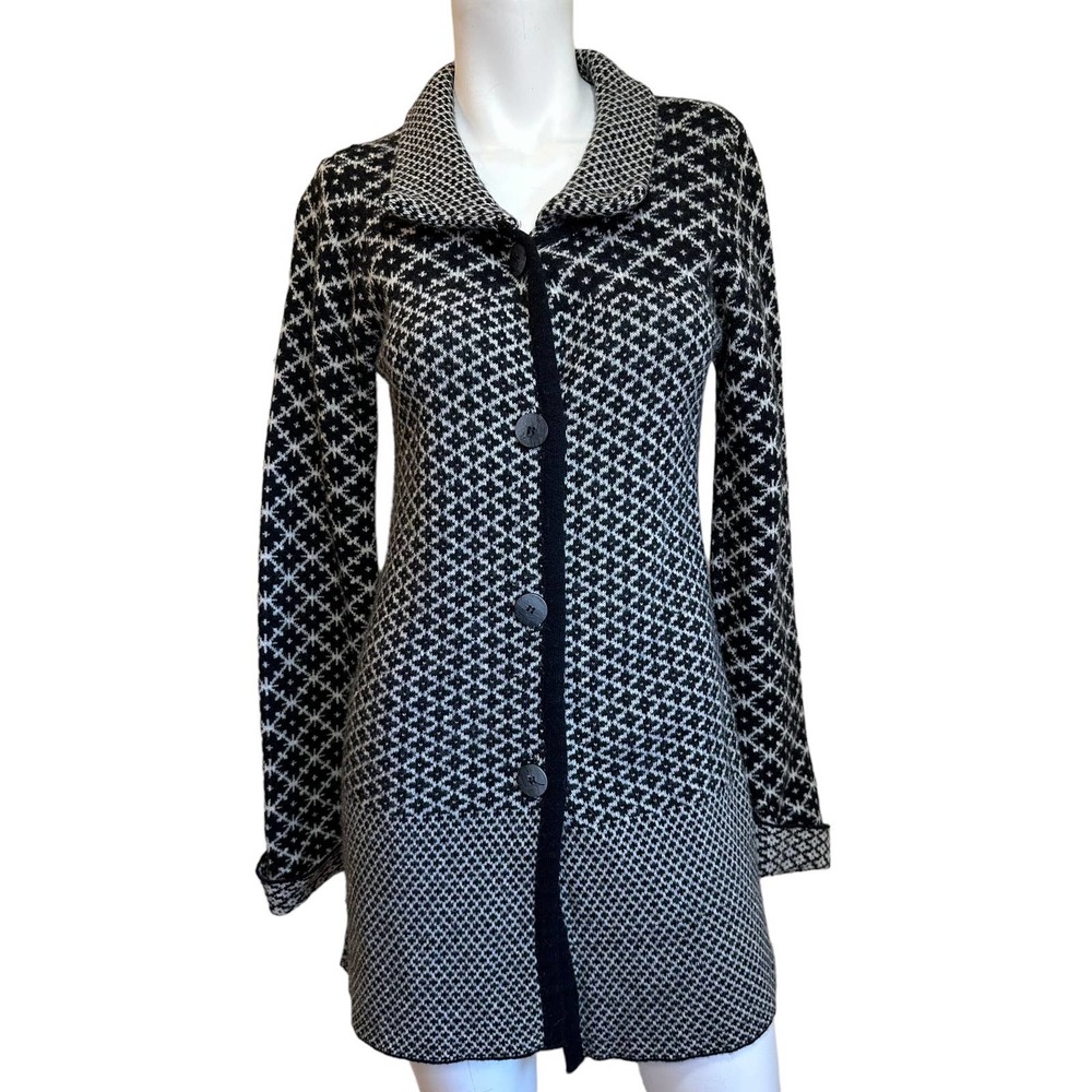 Chiaramente Black & White Geometric Print Wool Blend Sweater Cardigan sz S EUC